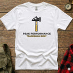 White t-shirt with "Peak Performance Tradesmen Built" logo featuring a hammer and mountain.