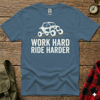 Blue t-shirt with white UTV graphic and "WORK HARD RIDE HARDER" text.