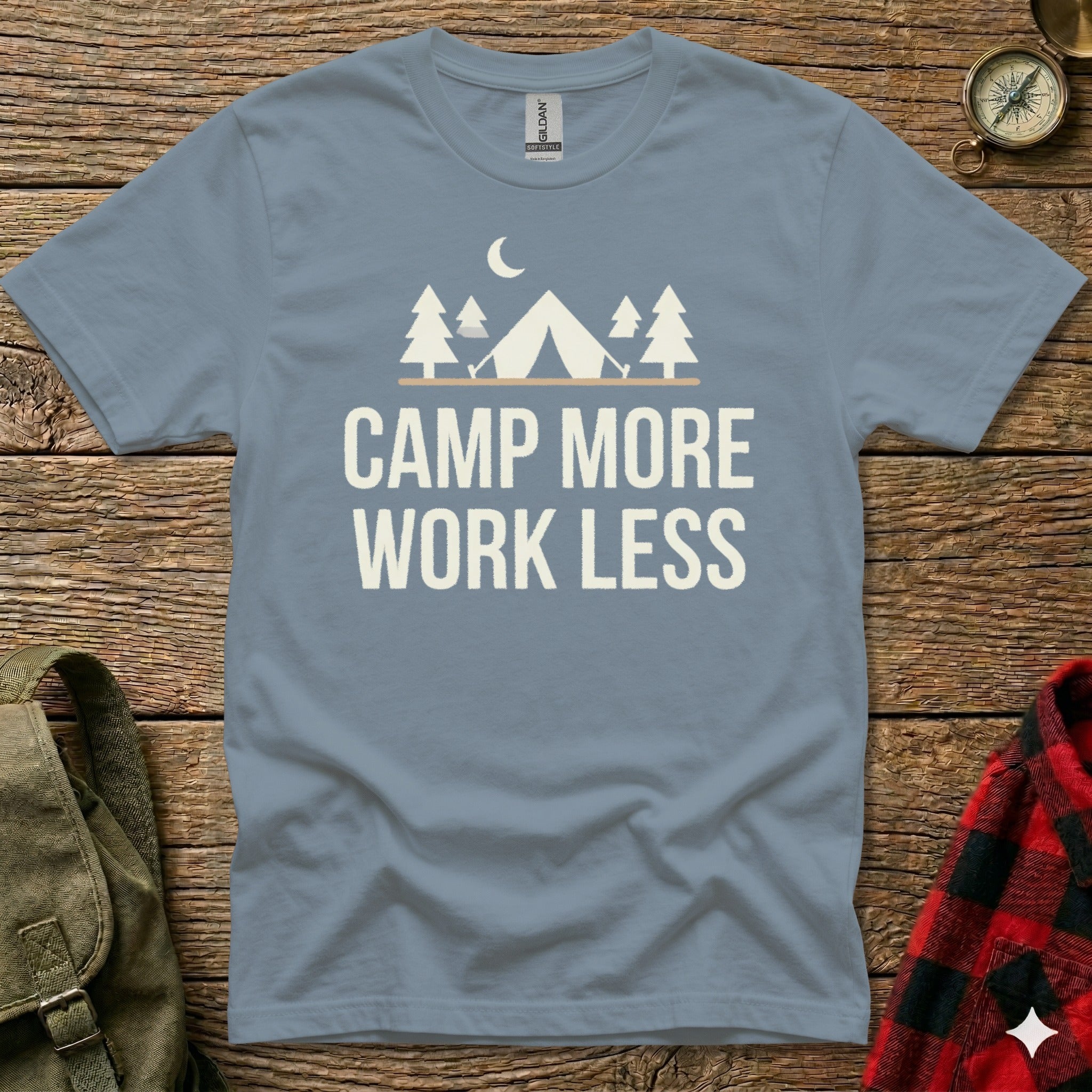 Gray t-shirt with "CAMP MORE WORK LESS" text and tent graphics.
