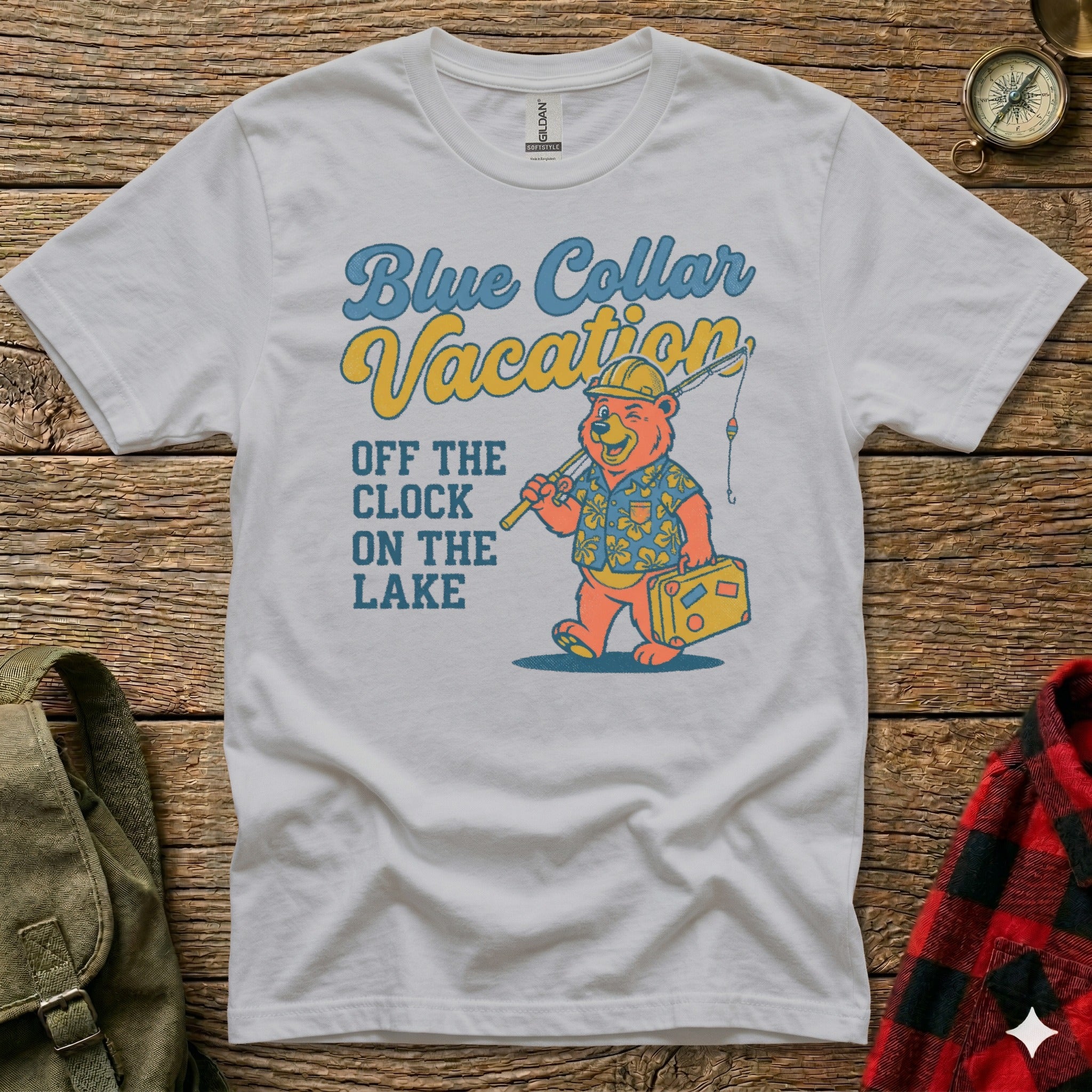 White t-shirt with "Blue Collar Vacation" and bear fishing on a lake.