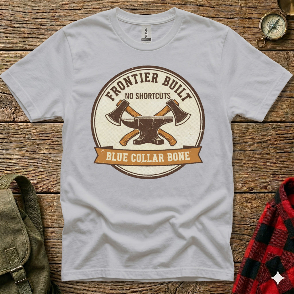 Grey t-shirt with "Frontier Built No Shortcuts Blue Collar Bone" emblem.
