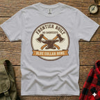 Grey t-shirt with "Frontier Built No Shortcuts Blue Collar Bone" emblem.