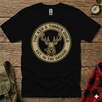 Black t-shirt with a circular logo featuring a deer smoking a cigar.