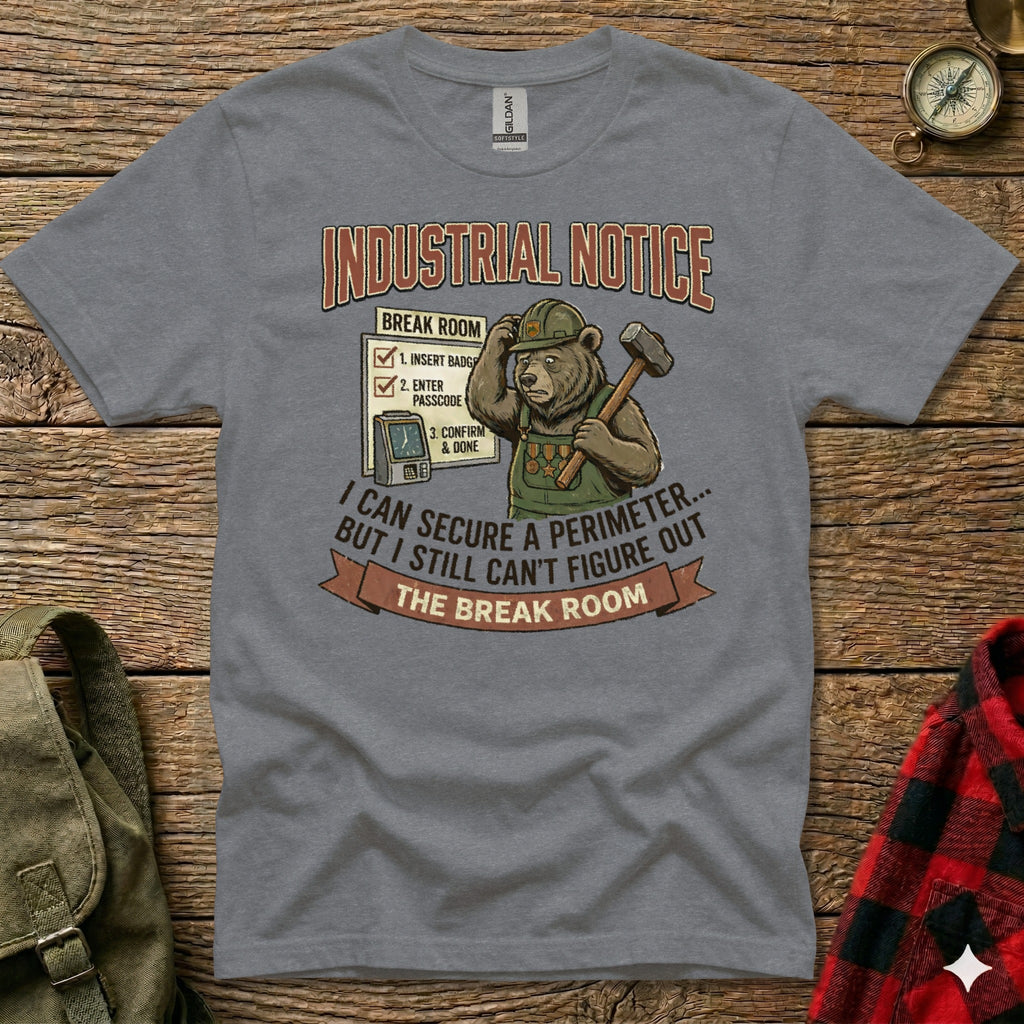 T-shirt with illustration of bear in hard hat, industrial notice about break room entry.