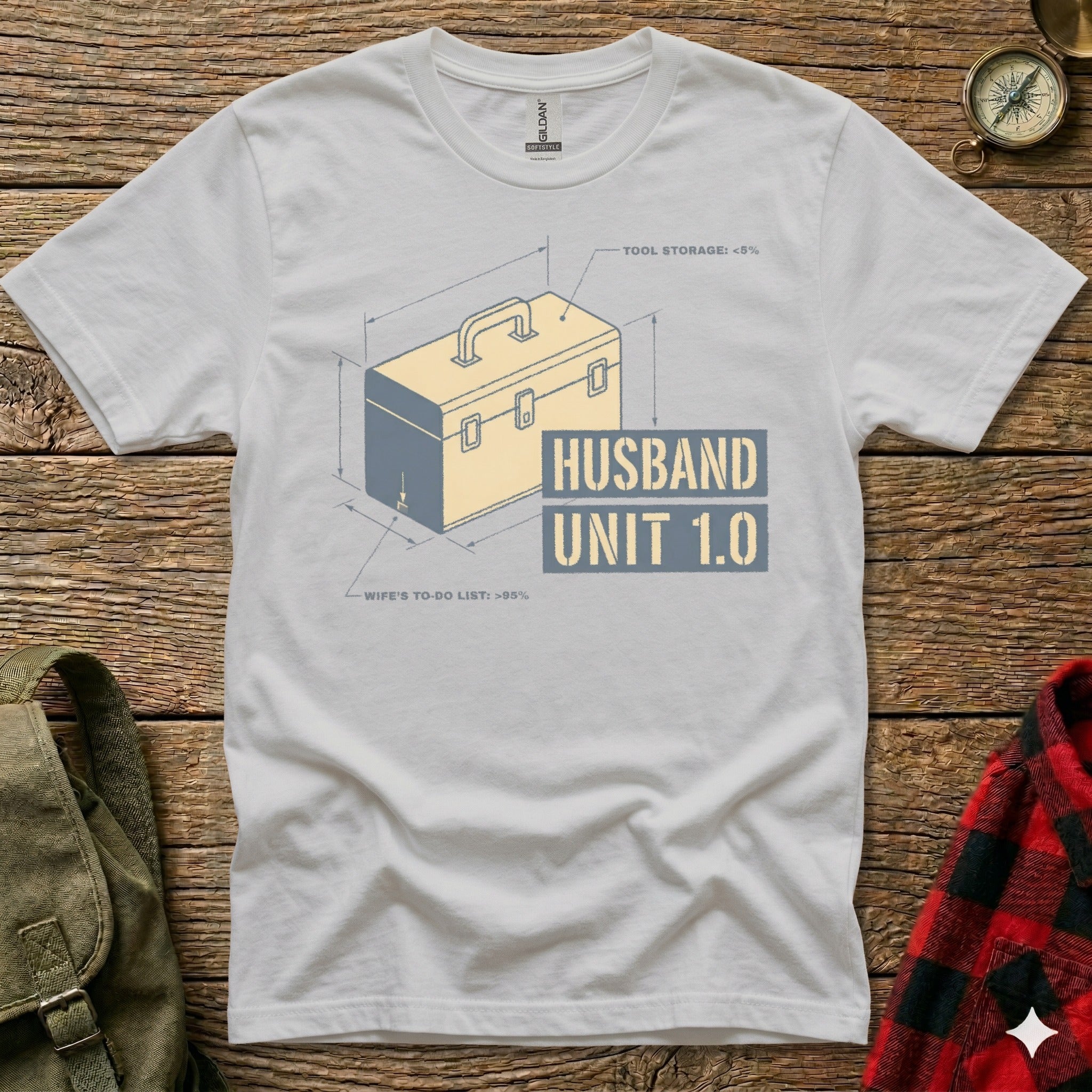 T-shirt with diagram of toolbox labeled Husband Unit 1.0.