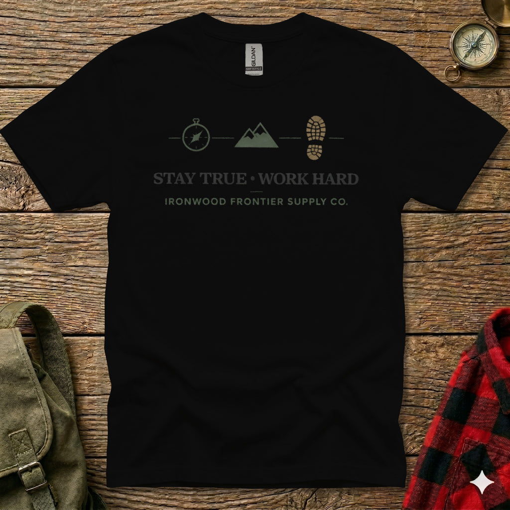 Grey t-shirt with "Stay True. Work Hard." and mountain graphic.