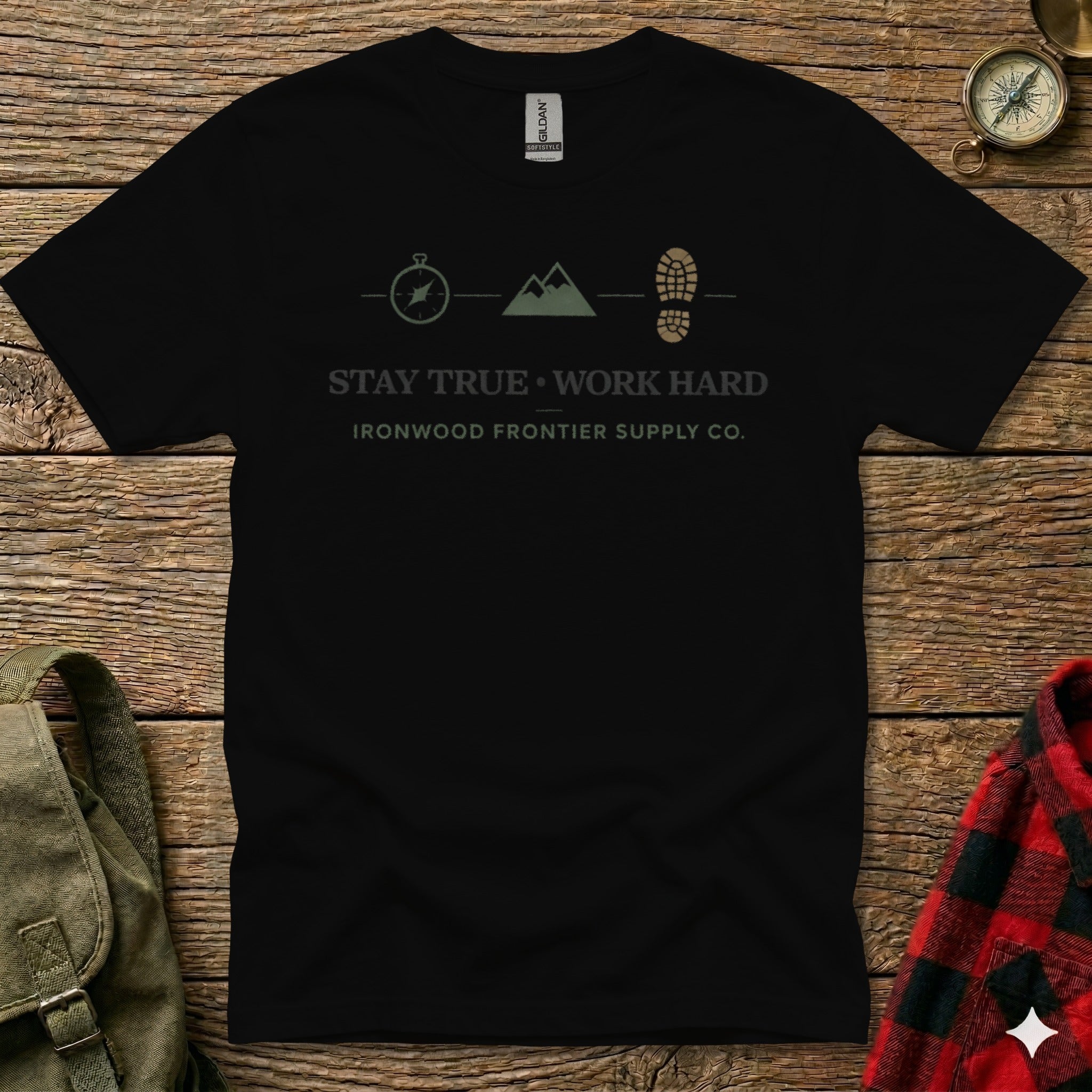 Grey t-shirt with "Stay True. Work Hard." and mountain graphic.