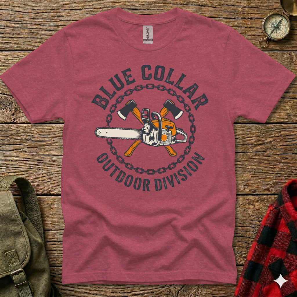 Crimson t-shirt with "Blue Collar Outdoor Division" and crossed axes and chainsaw emblem.