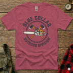 Crimson t-shirt with "Blue Collar Outdoor Division" and crossed axes and chainsaw emblem.