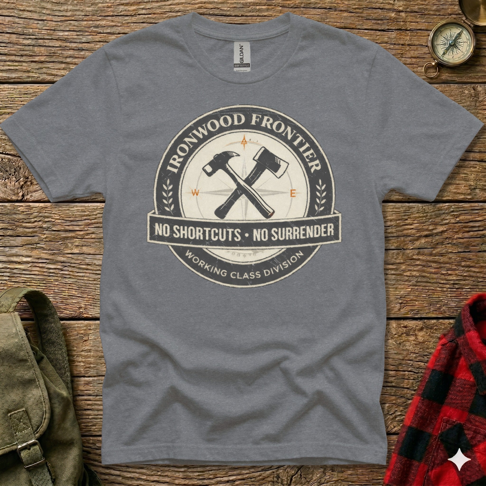 Gray t-shirt with "Ironwood Frontier" circular logo featuring hammer and axe.