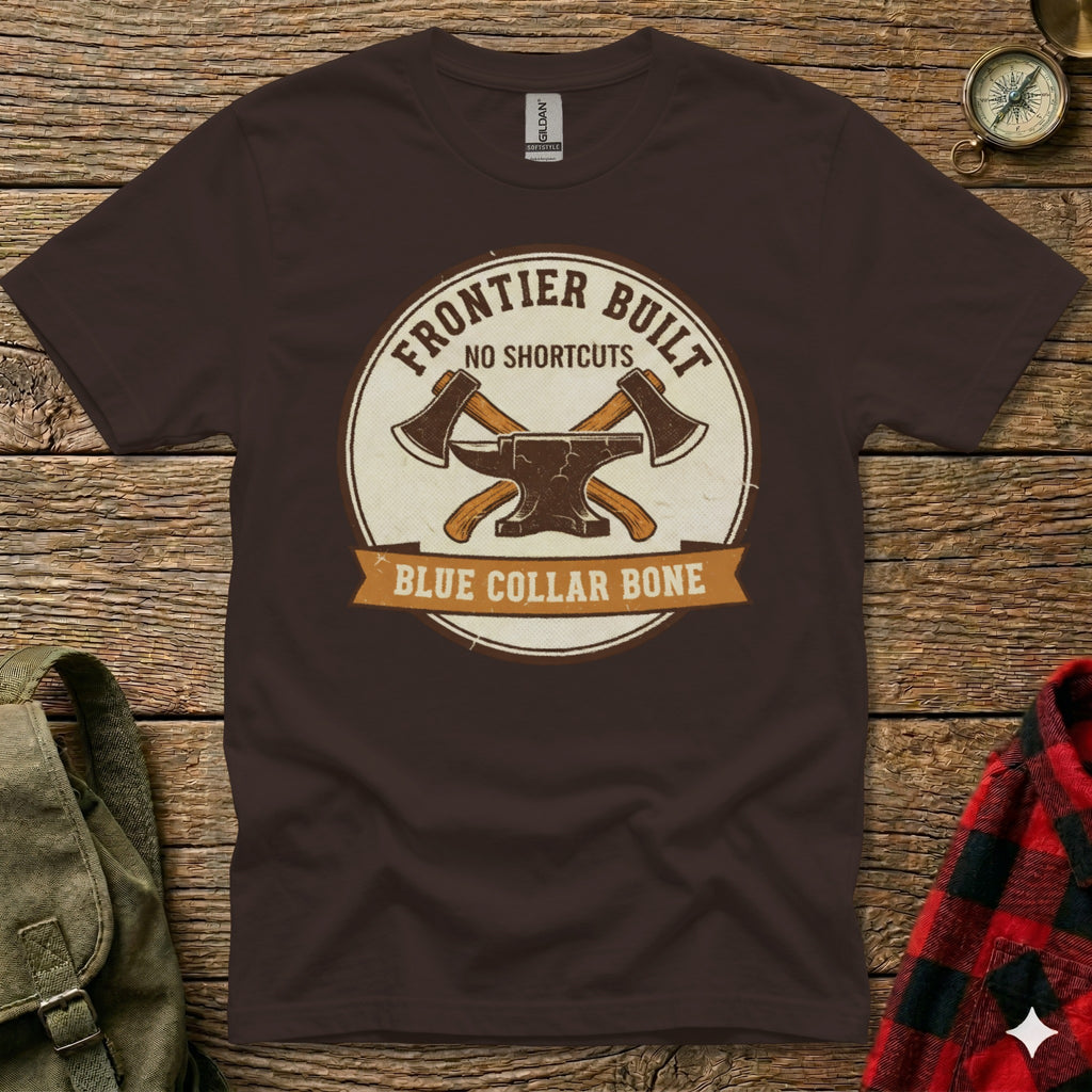 Brown t-shirt with "FRONTIER BUILT NO SHORTSCUTS BLUE COLLAR BONE" logo.
