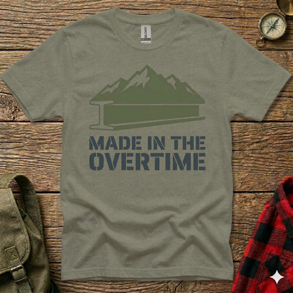 Green t-shirt with mountains and "Made in the Overtime" text.