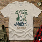 T-shirt graphic: Cloud Storage, a backup protecting lunch from a tree.