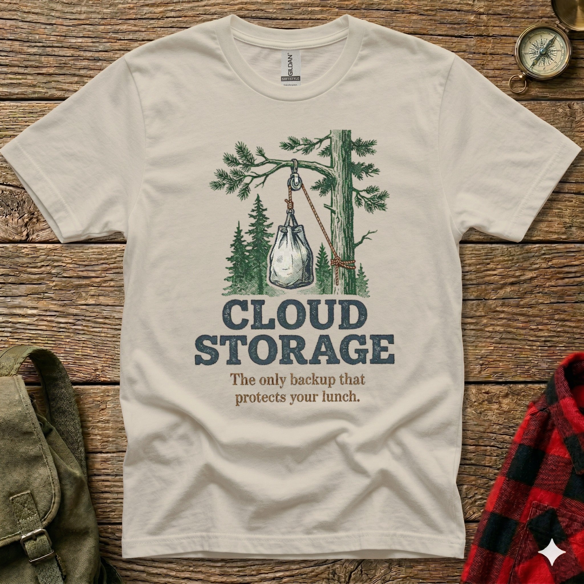 T-shirt graphic: Cloud Storage, a backup protecting lunch from a tree.