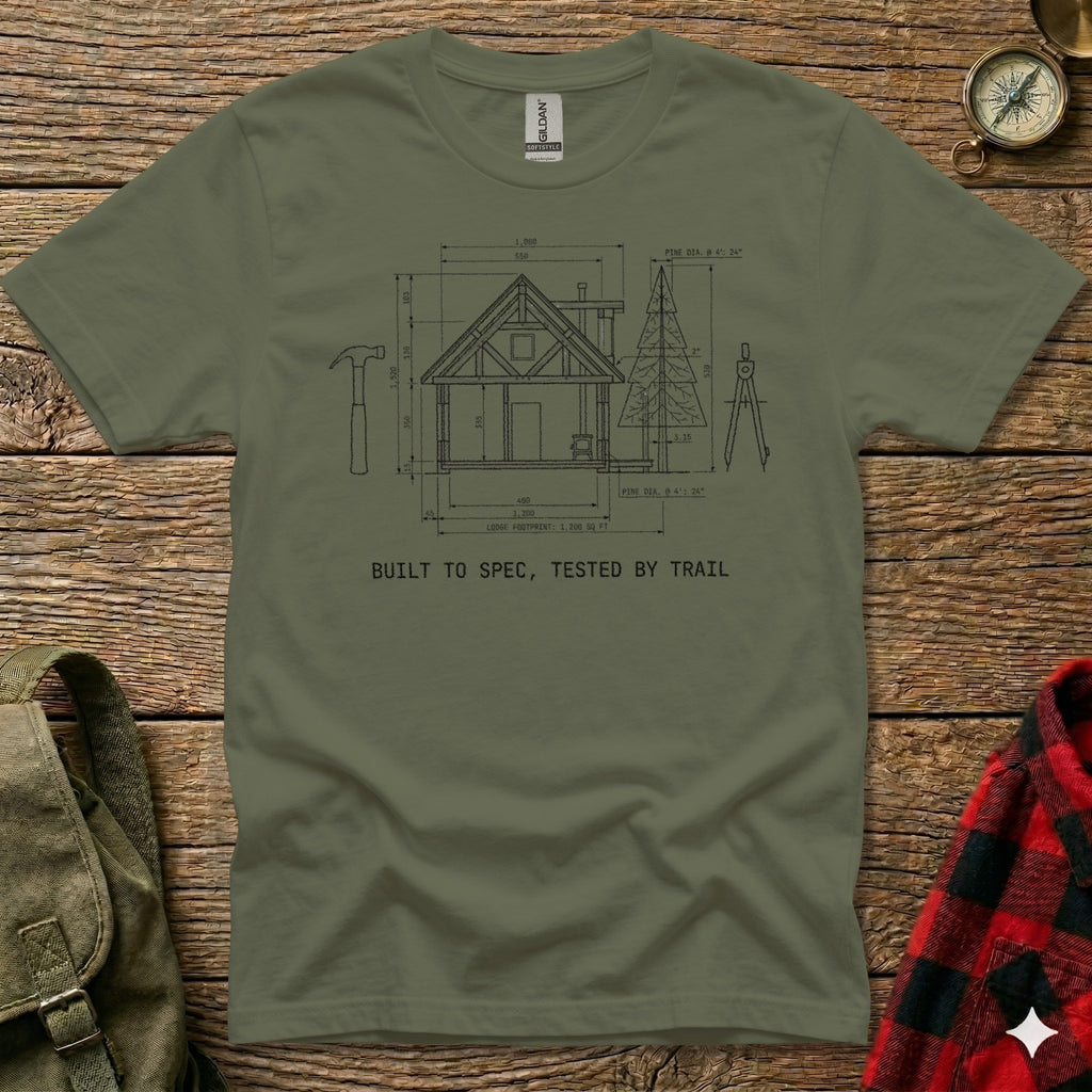 Blueprint of a cabin on a t-shirt with "Built to Spec, Tested by Trail".
