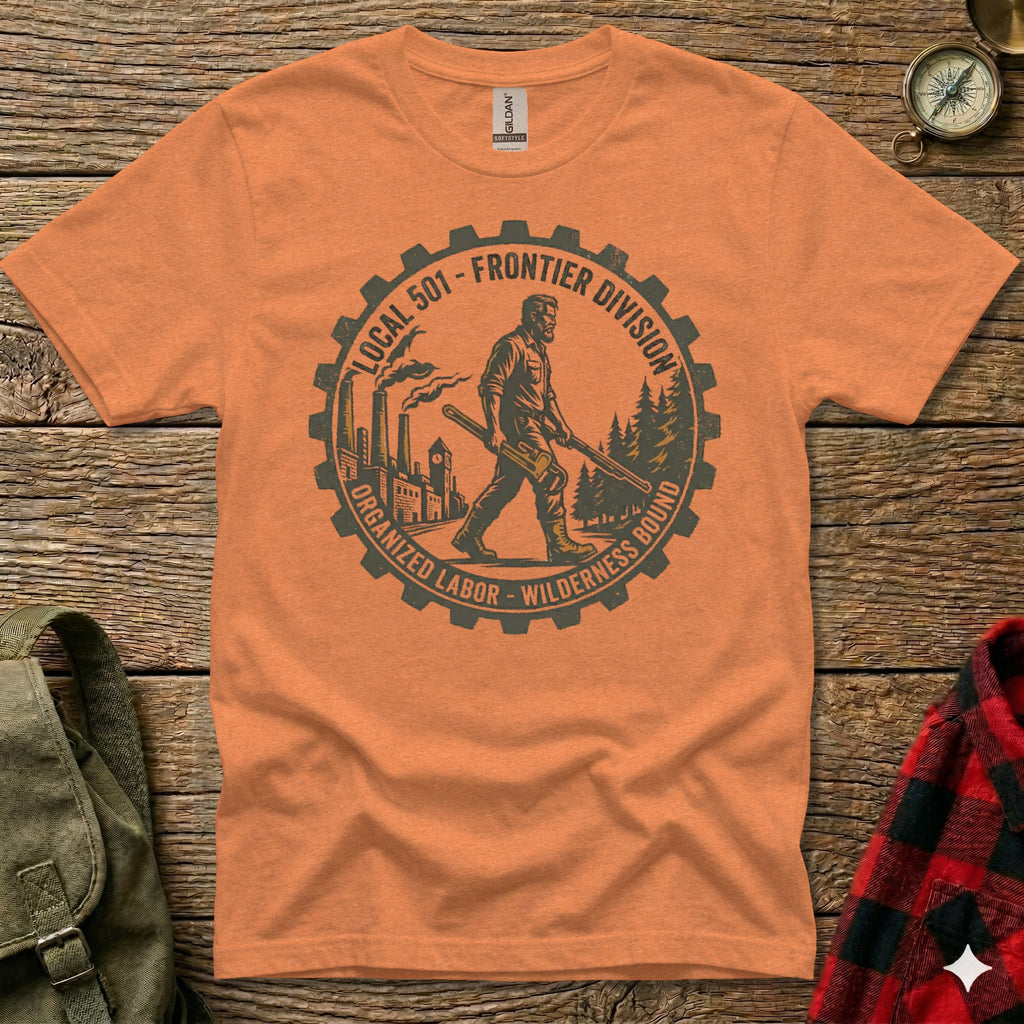T-shirt graphic with gear, figure, and text "LOCAL 501 FRONTIER DIVISION ORGANIZED LABOR WILDERNESS BOUND".