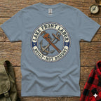 Blue t-shirt with "Lake Front Labor Built Not Bought" and anchor/wrench graphic.