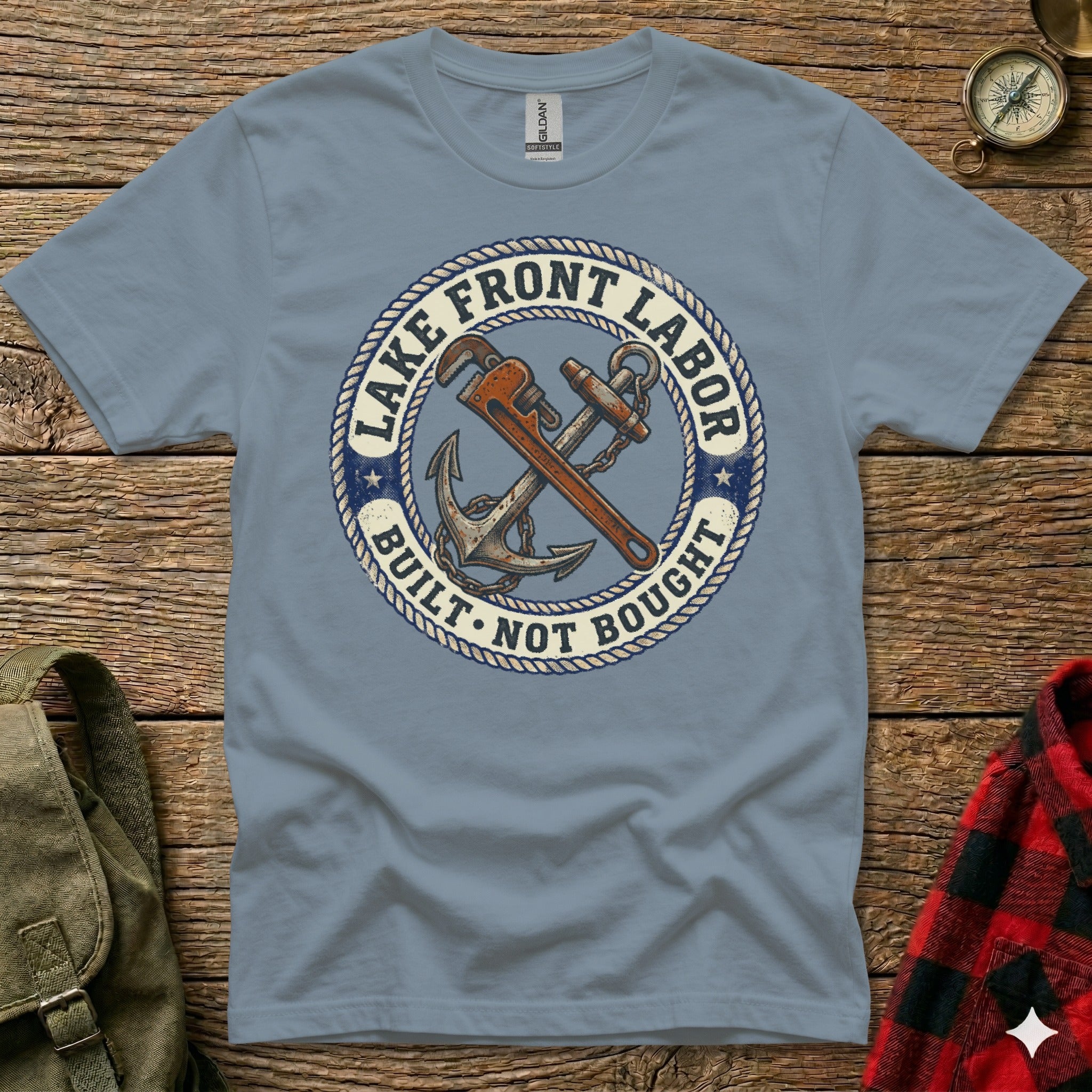 Blue t-shirt with "Lake Front Labor Built Not Bought" and anchor/wrench graphic.