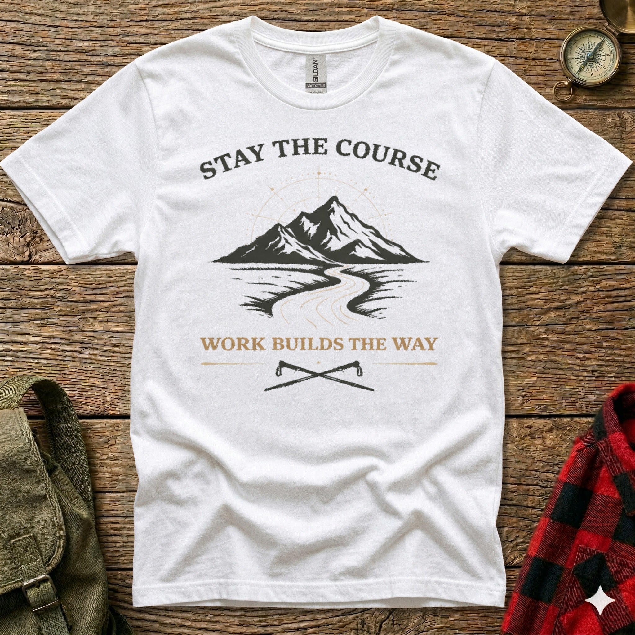 White t-shirt with "Stay the Course" and mountain graphic.
