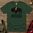 Green t-shirt with black buffalo silhouette and "MODERN PIONEER" text.
