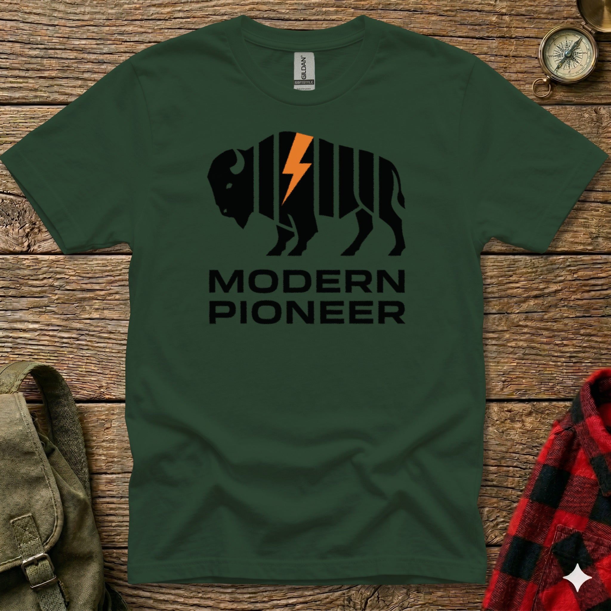 Green t-shirt with black buffalo silhouette and "MODERN PIONEER" text.