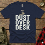 Navy t-shirt with "Dust Over Desk" text and mountain graphic.