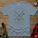 Grey t-shirt with crossed axe and compass, text "Hard Work • True North IF NO SHORTCUTS".