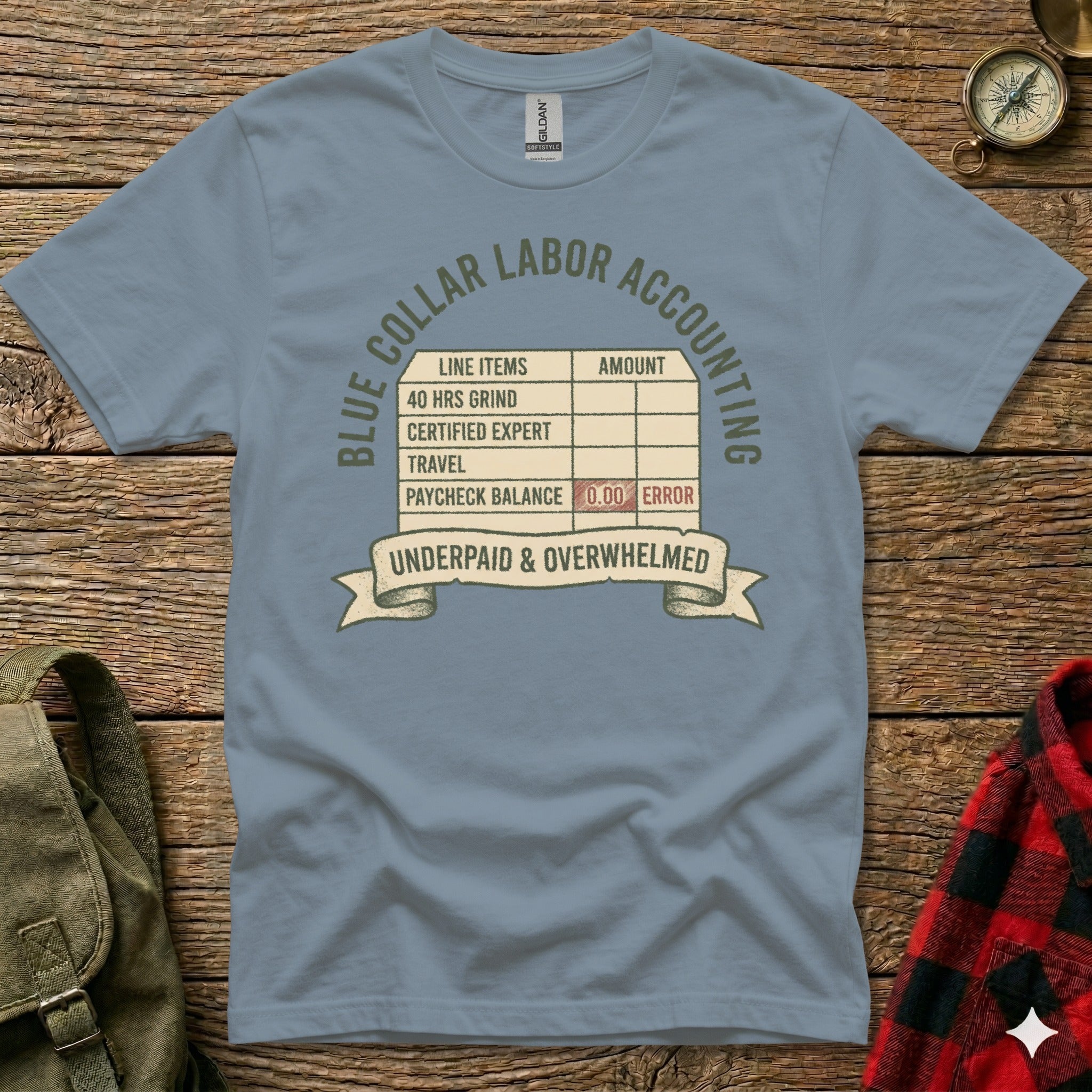 T-shirt with "Blue Collar Labor Accounting" and a humorous table about work.