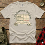 T-shirt with "Blue Collar Labor Accounting" text and a humorous paycheck error message.