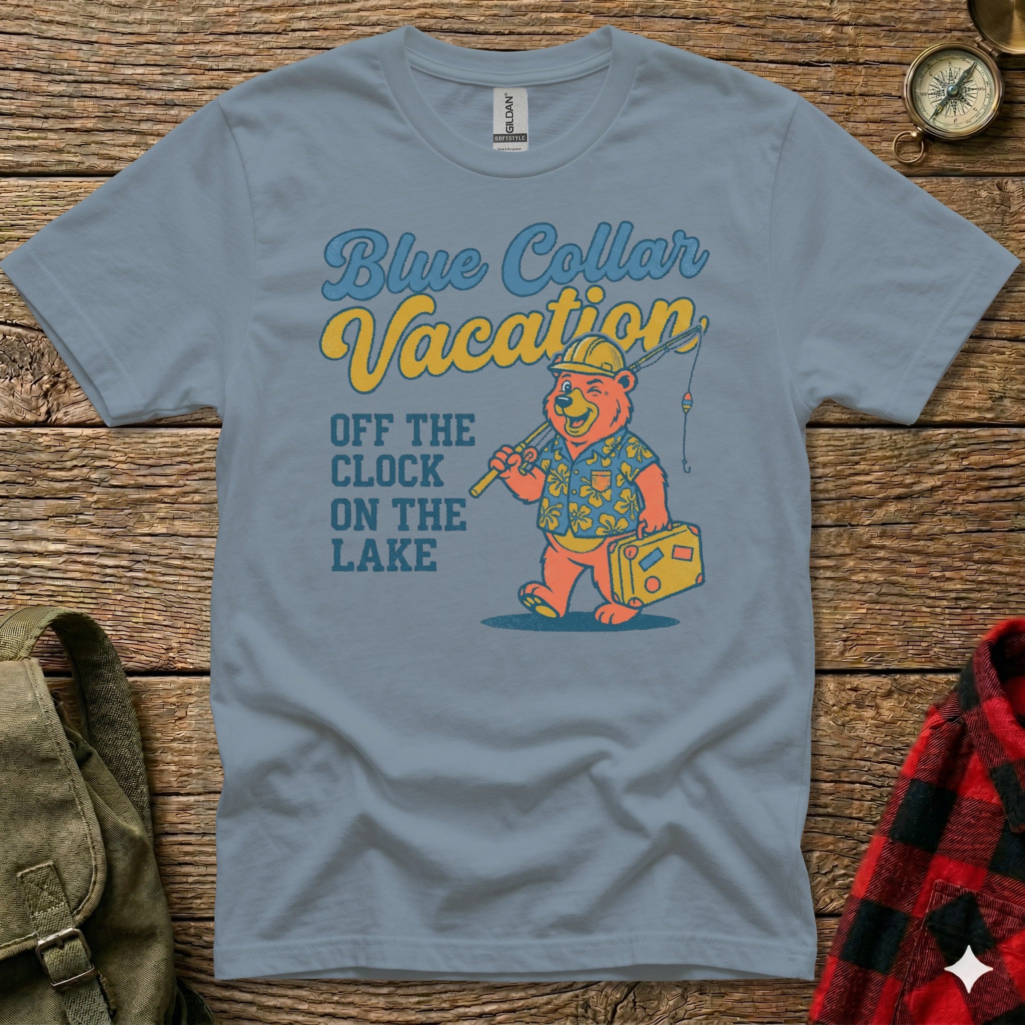 Blue Collar Vacation, off the clock on the lake graphic tee.
