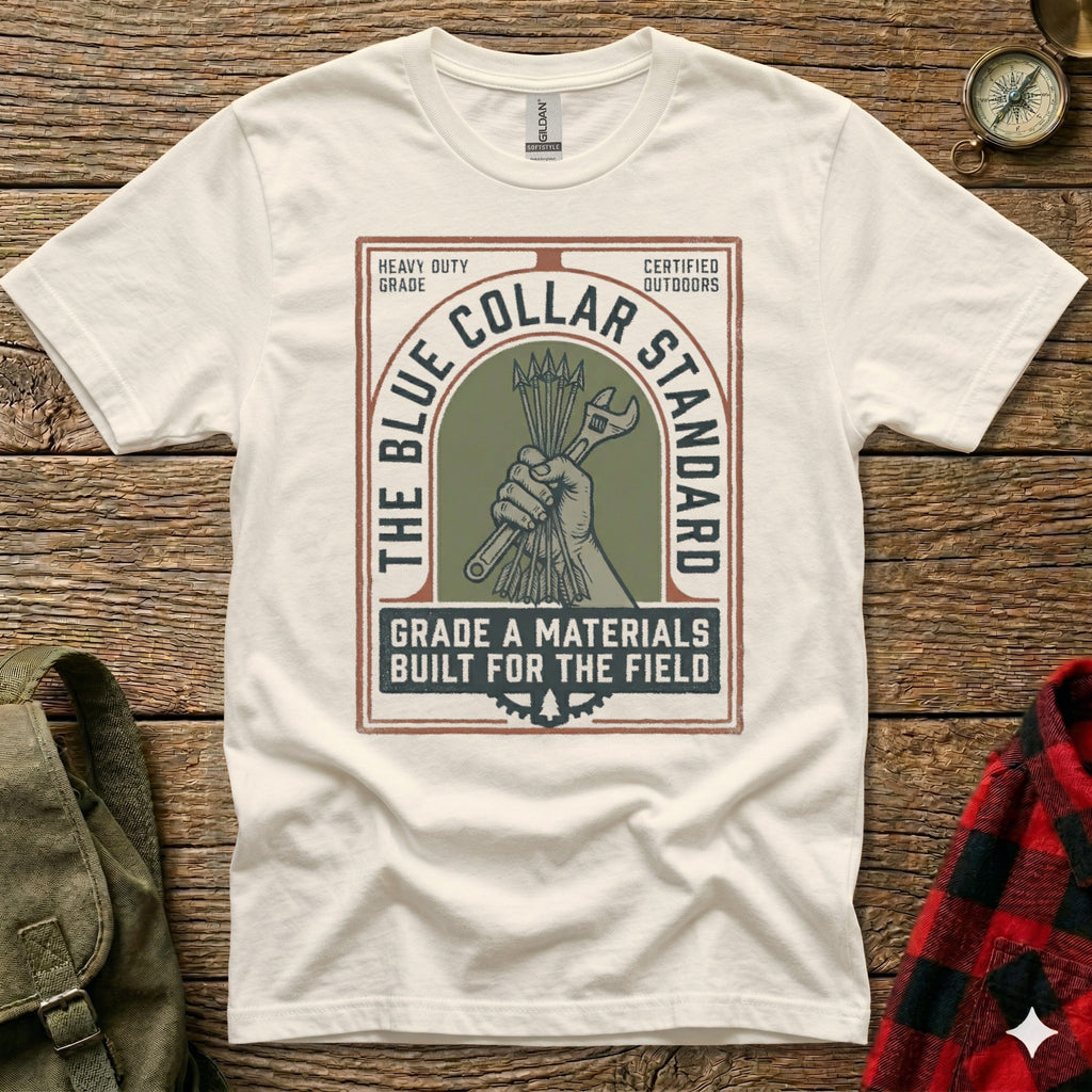 White t-shirt with "The Blue Collar Standard" logo and text.