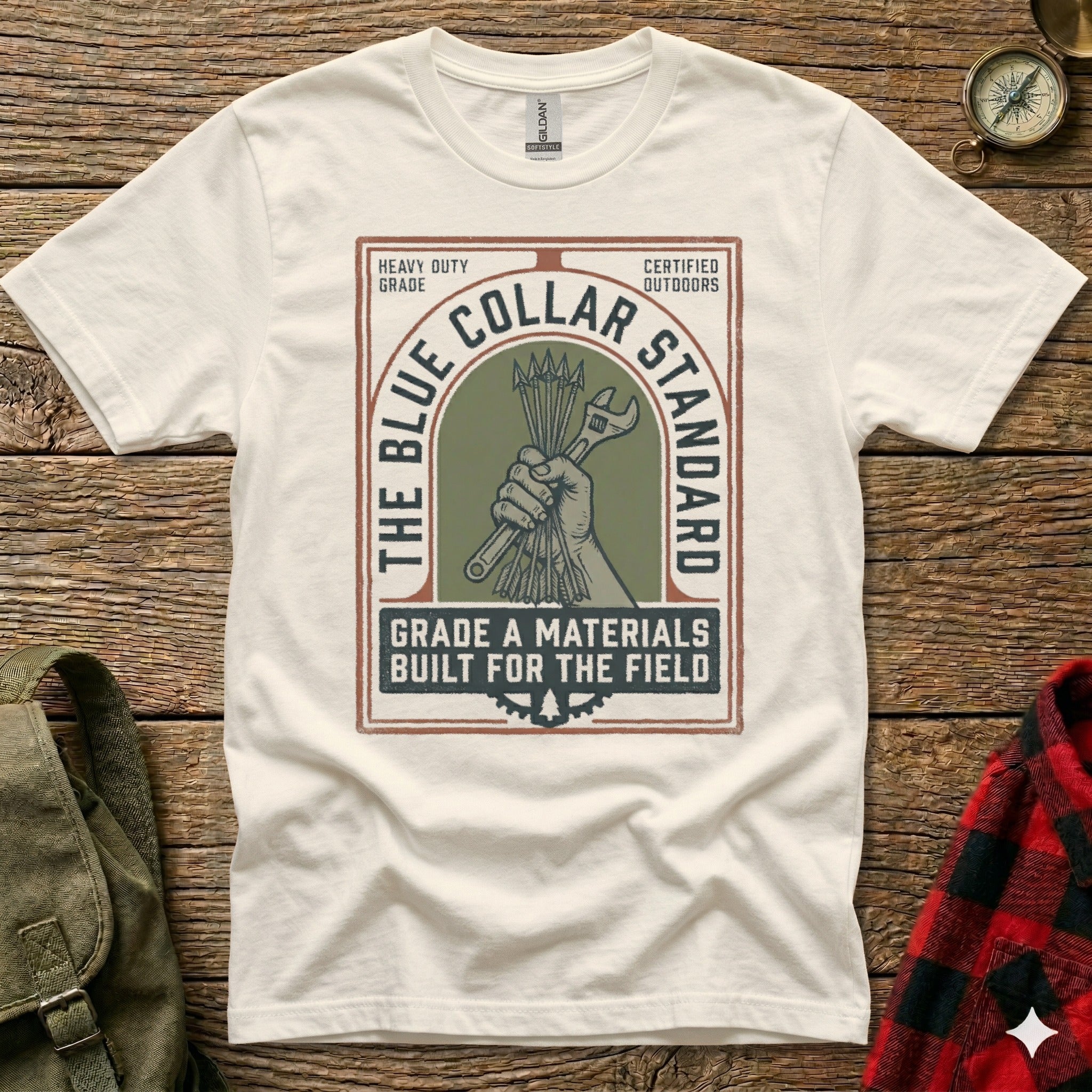 White t-shirt with "The Blue Collar Standard" logo and text.