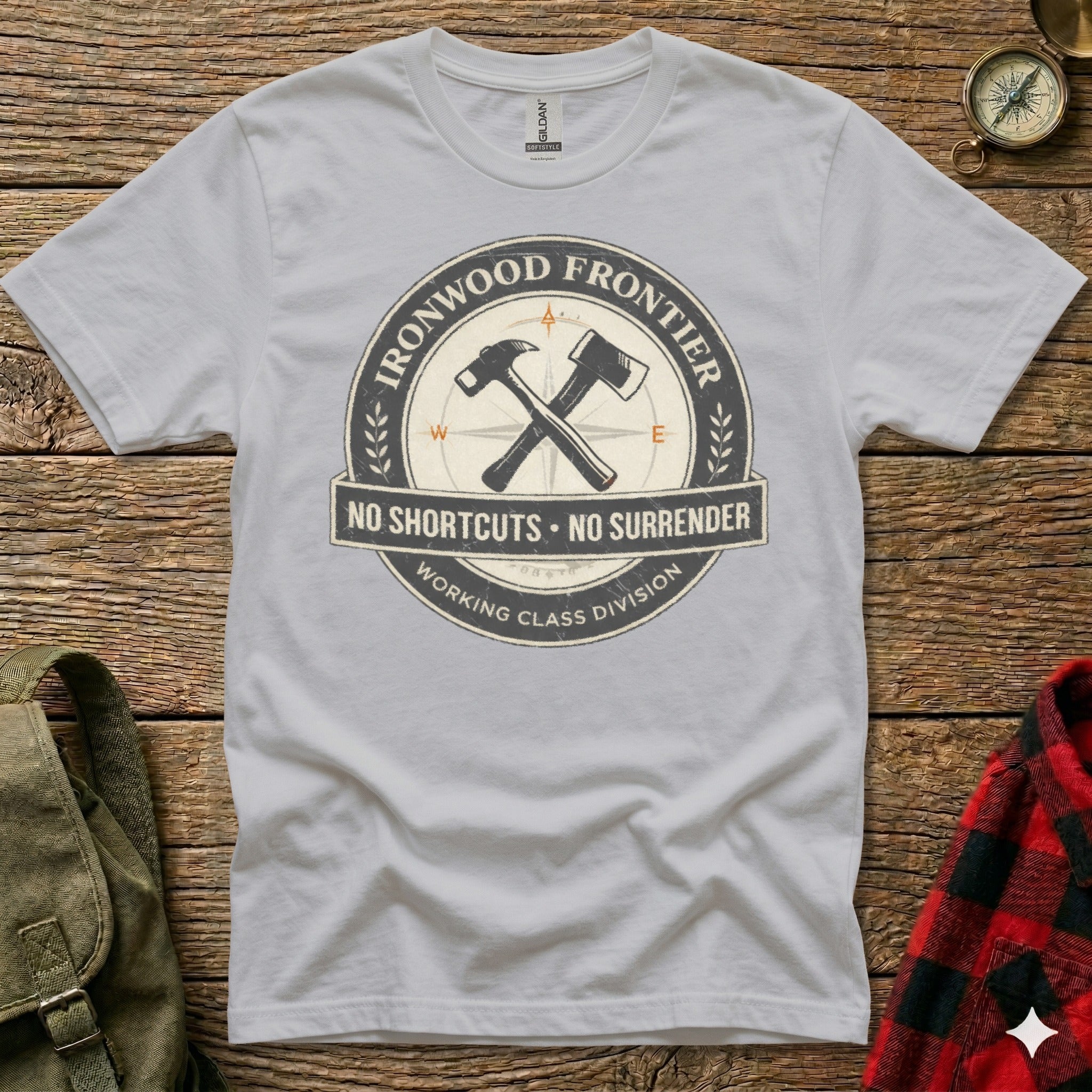 Gray t-shirt with Ironwood Frontier "No Shortcuts. No Surrender." graphic.