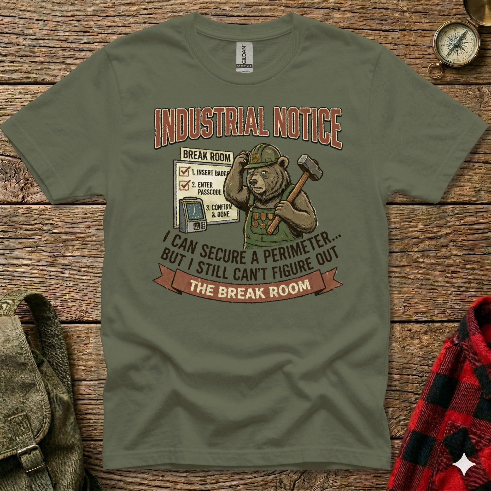 T-shirt with "Industrial Notice: Break Room" text and bear illustration.