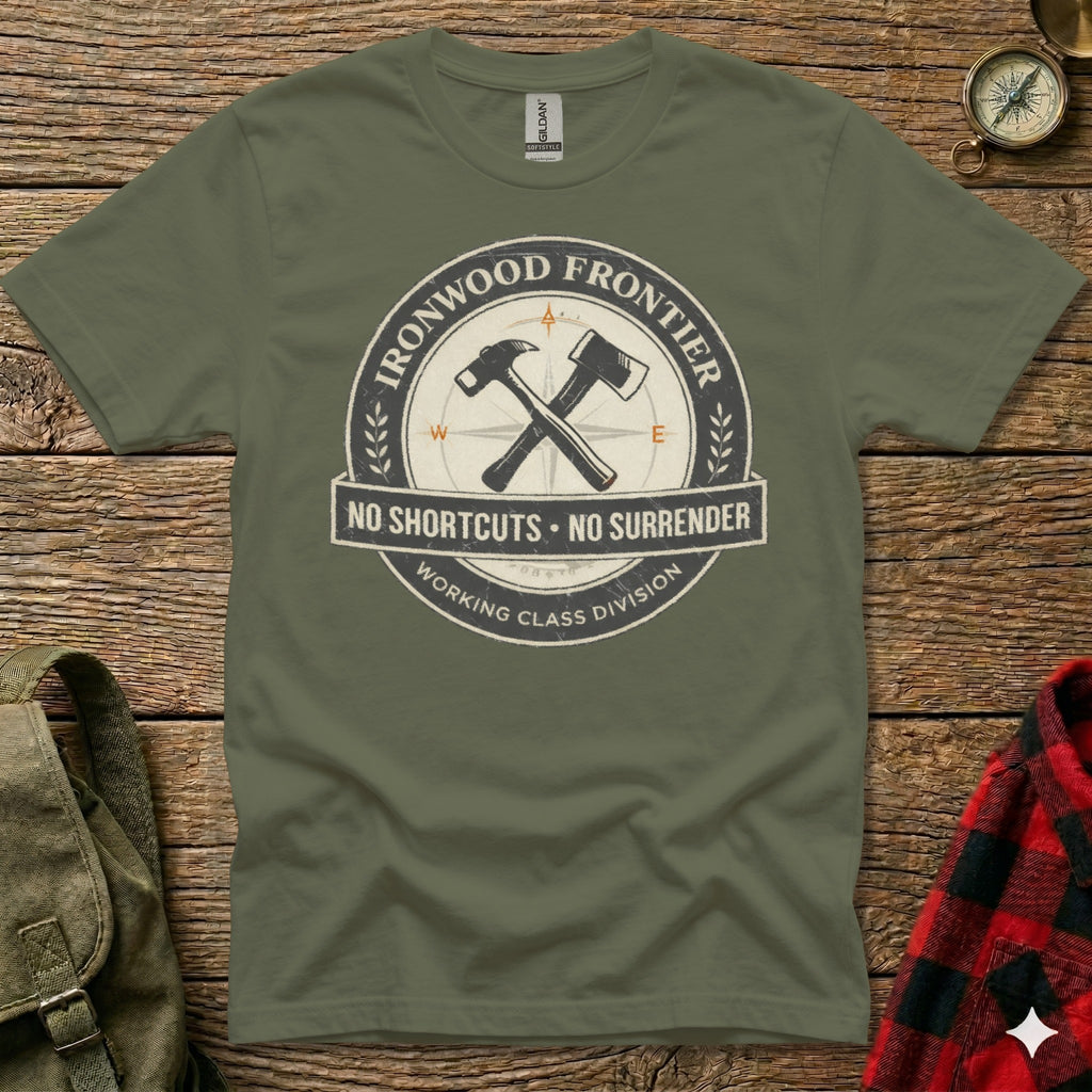 Green t-shirt with "Ironwood Frontier No Shortcuts. No Surrender Working Class Division" graphic.