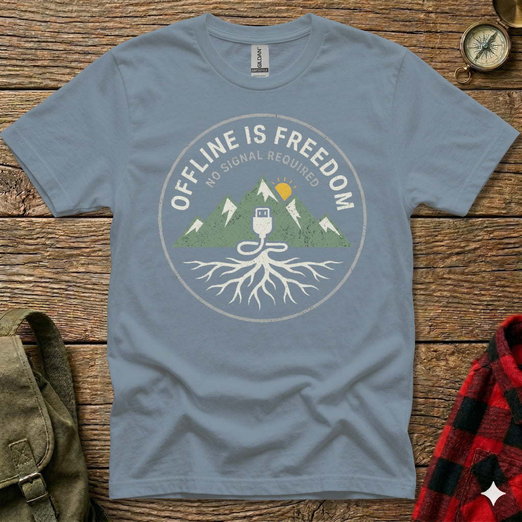 T-shirt with circular graphic of mountains, a USB plug, and roots, reading "OFFLINE IS FREEDOM NO SIGNAL REQUIRED".