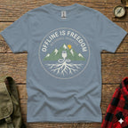T-shirt with circular graphic of mountains, a USB plug, and roots, reading "OFFLINE IS FREEDOM NO SIGNAL REQUIRED".