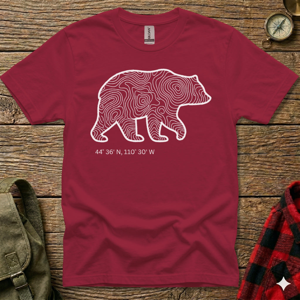 Maroon t-shirt with white bear outline and topographic lines, latitude, and longitude.