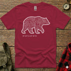 Maroon t-shirt with white bear outline and topographic lines, latitude, and longitude.