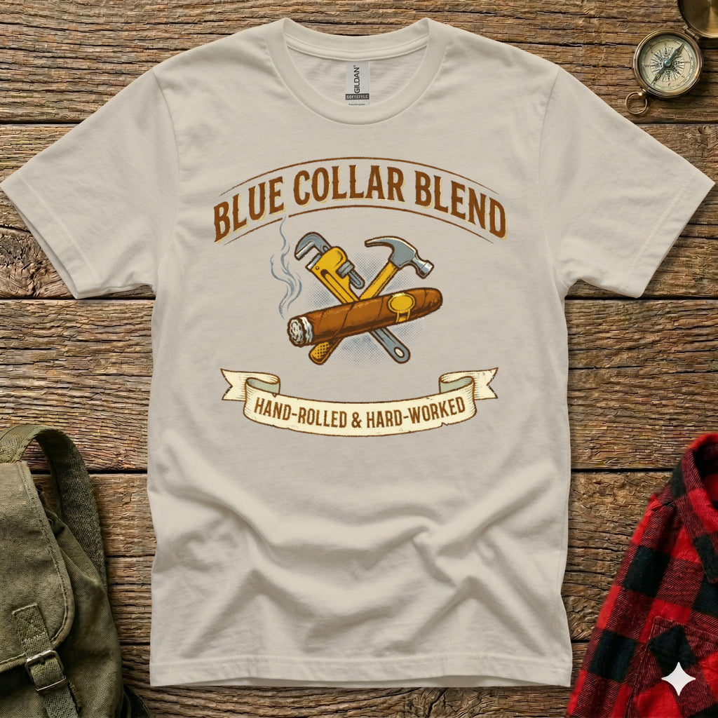 T-shirt with "Blue Collar Blend" and crossed hammer and wrench design.
