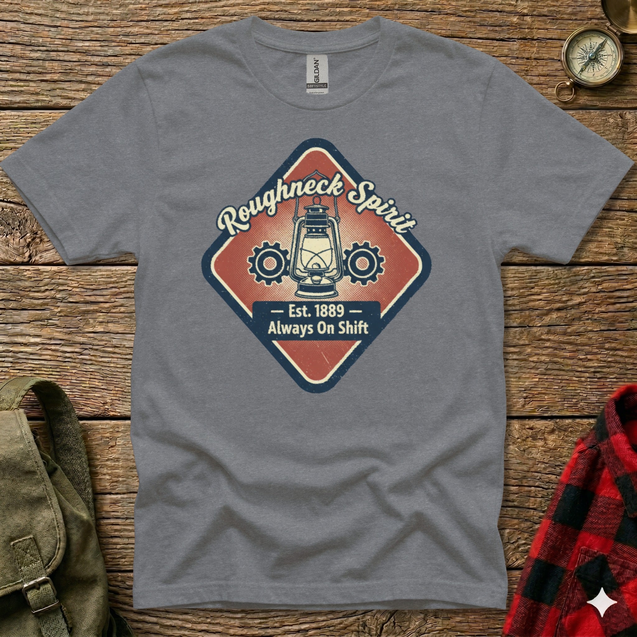 Gray t-shirt with a Roughneck Spirit lantern logo and "Est. 1889 - Always On Shift".