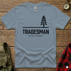 Gray t-shirt with "TRADESMAN OFF-SITE / IN-FOREST." text and a stylized pine tree graphic.