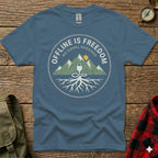 Blue t-shirt with "Offline is Freedom" graphic, mountains, and USB cable.