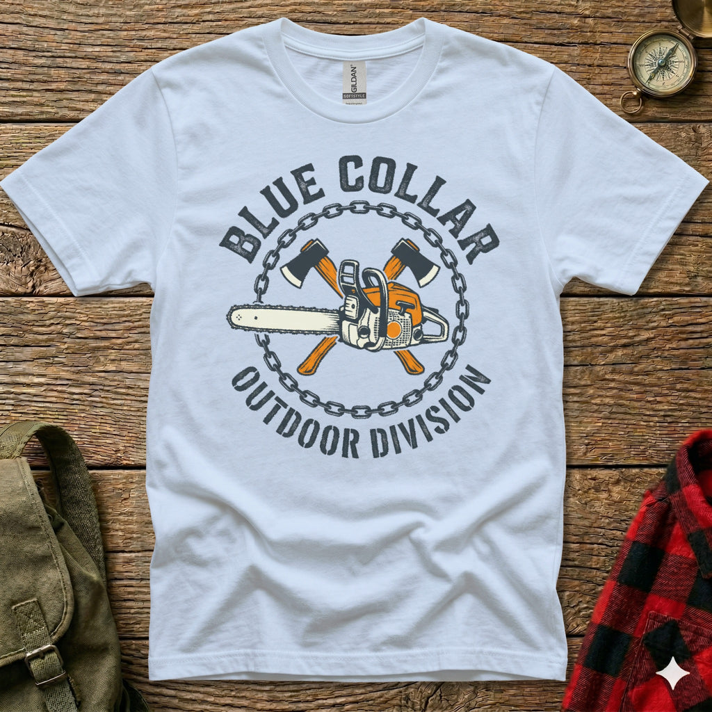 White t-shirt with "Blue Collar Outdoor Division" logo featuring chainsaw and axes.