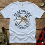 White t-shirt with "Blue Collar Outdoor Division" logo featuring chainsaw and axes.