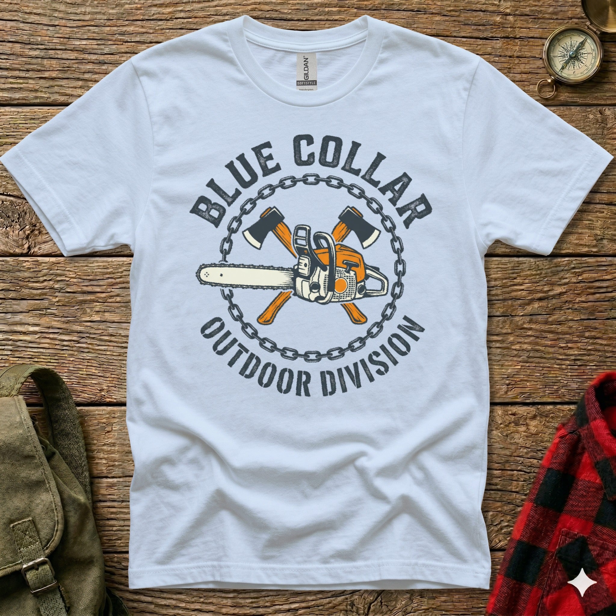 White t-shirt with "Blue Collar Outdoor Division" logo featuring chainsaw and axes.