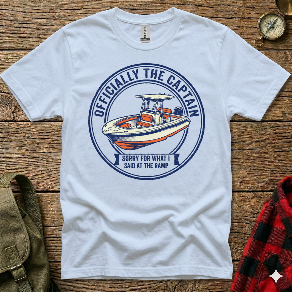 White t-shirt with "Officially the Captain" and boat graphic.