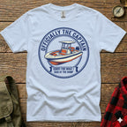 White t-shirt with "Officially the Captain" and boat graphic.