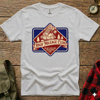 White t-shirt with "High Mileage Club" trekking logo on chest.