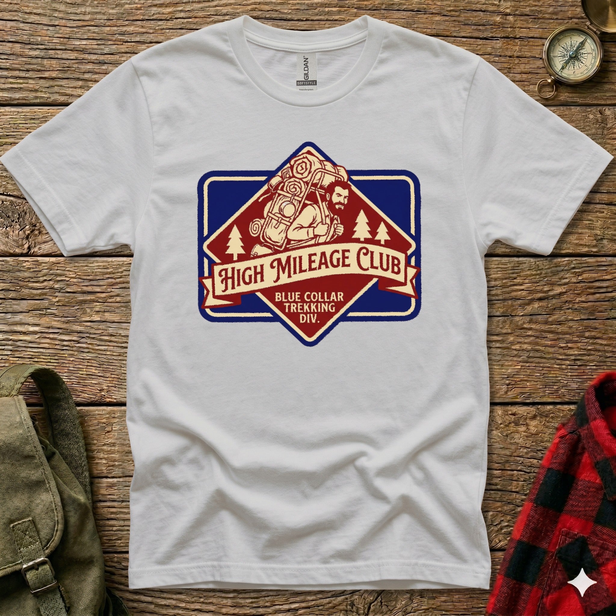 White t-shirt with "High Mileage Club" trekking logo on chest.
